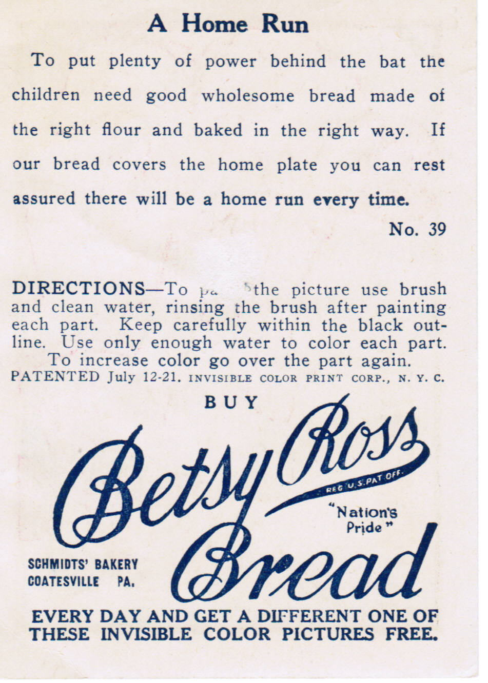 Baseball Advertising Insert Card for Betsy Ross Bread (Back)