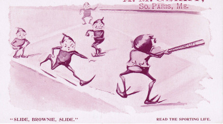 Baseball advertising trade card: Slide, Brownie, Slide