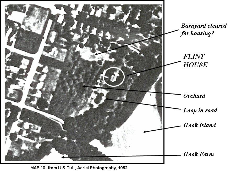 1952 aerial photo showing the area of the Flint House, Hook Farm and Hook Island.
